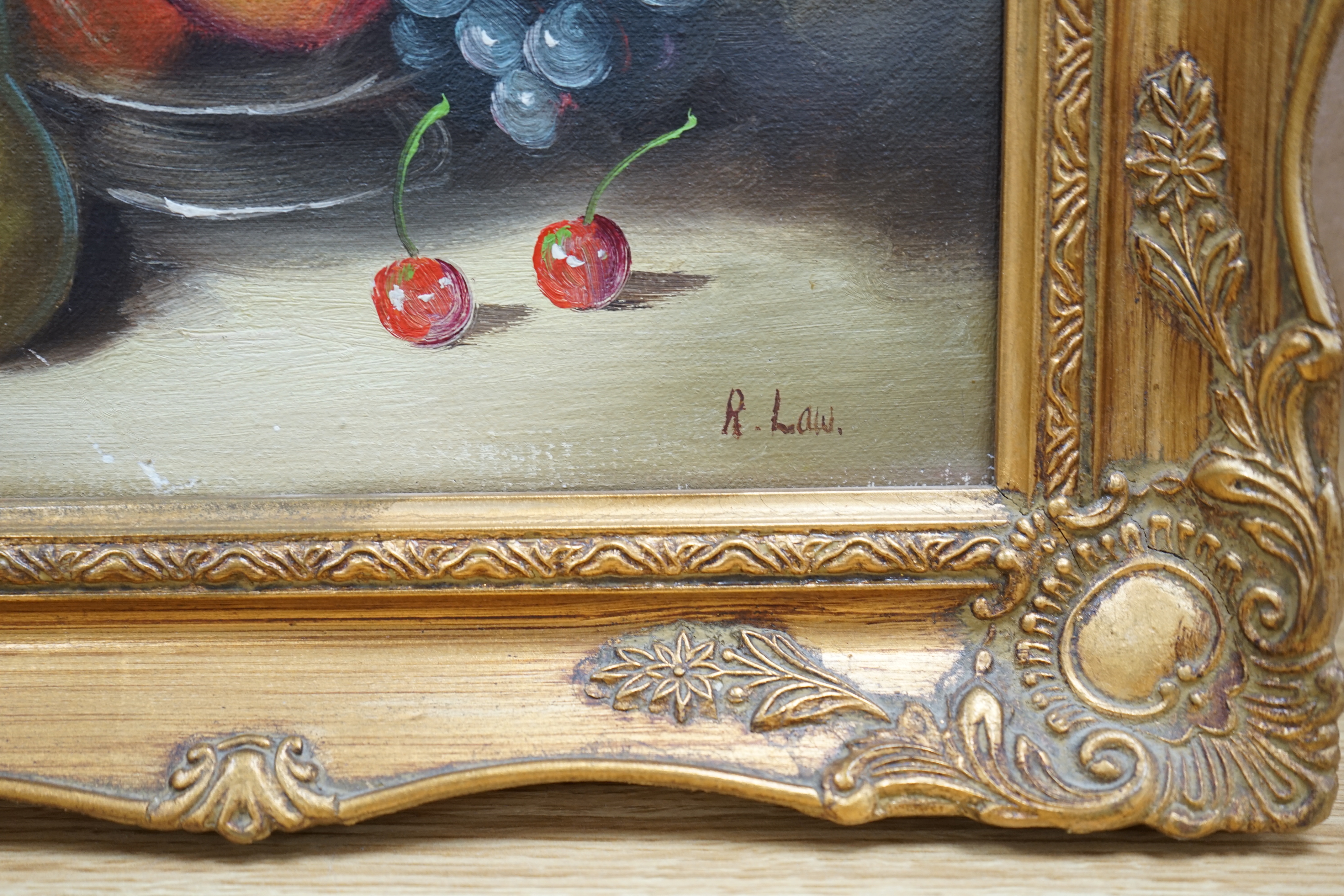 R Law, oil on canvas, Still life of fruit, signed, 20 x 24cm